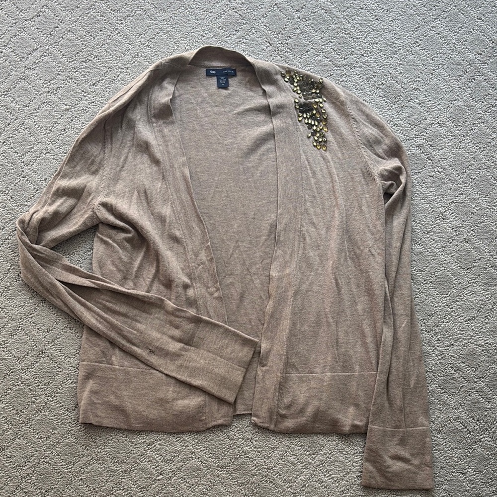 Gap Tan Open Cardigan with Gold Embellishments